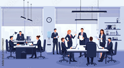 Busy professional business employees working at their desks and discussing projects in a modern open plan office environment.