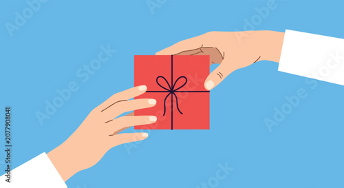 Two hands passing a red gift box wrapped with a black ribbon against a plain bright blue sky background.