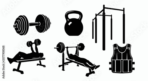 Canvastavla Gym Equipment Silhouettes with Fitness Exercises.
