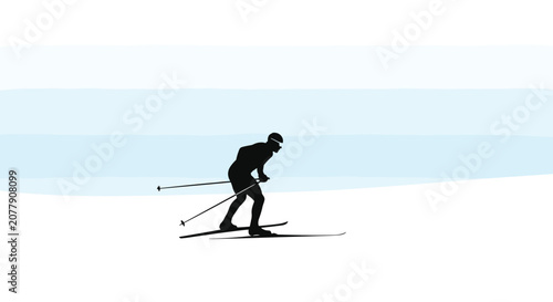 Silhouette of a cross country skier gliding through a snowy white winter landscape under a soft blue sky.