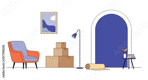 Interior room of a new house with cardboard boxes piled up, a comfortable armchair, and a doorway with blue curtains.