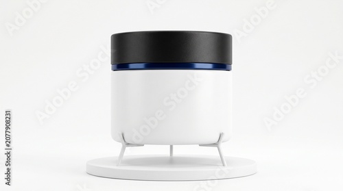 Modern cosmetic cream jar with black lid on a white stand isolated on white background
