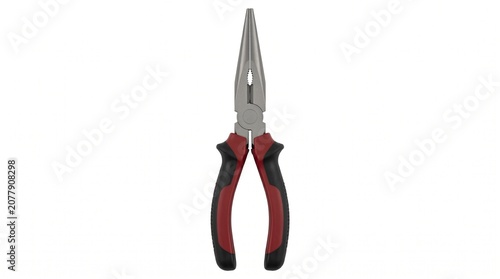 Long nose pliers with red and black ergonomic handles isolated on white background