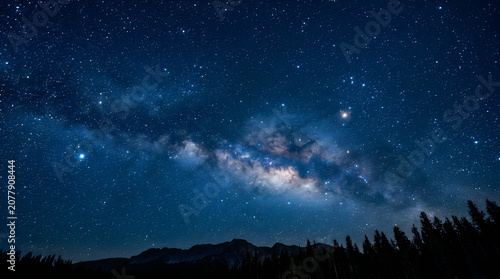 Starry night sky with milky way over mountains