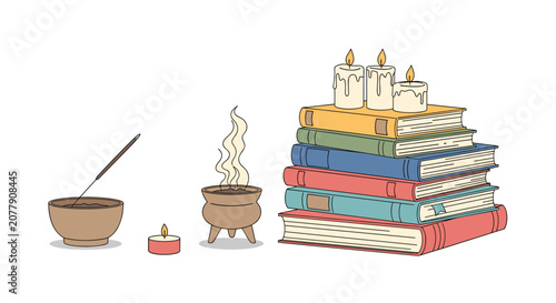 Spiritual altar scene featuring a stack of old books, burning candles, incense burner with smoke, and a mixing bowl.