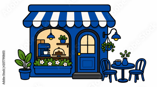 Small blue cafe storefront with furniture.