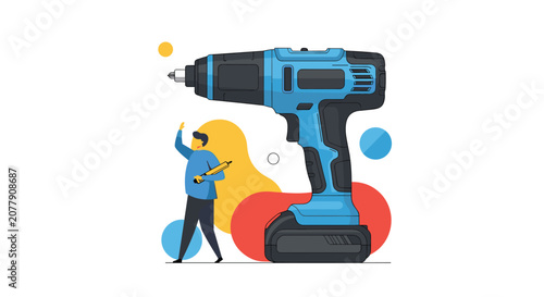 Giant blue cordless electric drill with a tiny worker holding a pencil on a colorful abstract shape background.
