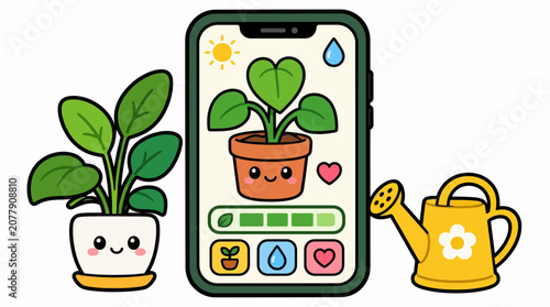Smartphone with cartoon plant on screen.