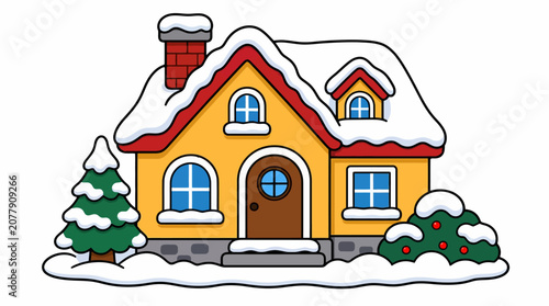 Snowy house with red trim roof.