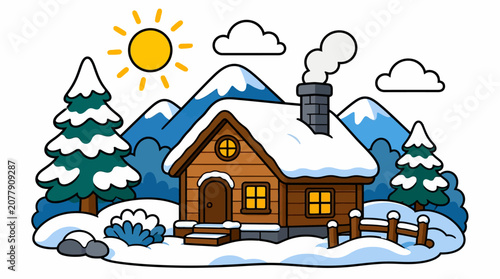 Snowy house with smoke chimney.