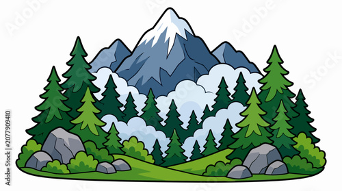 Snowy Mountain with Pine Trees.