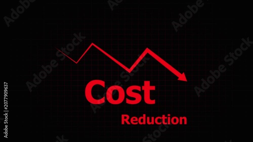 Cost reduction concept with downward trending graph and red text on black background cost-cutting expense decrease