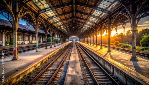 Empty Historic Train Station Platform with Tracks at Sunset