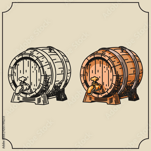Hand Drawn Wooden Beer Barrel Pack Black Outline and Colored Keg with Tap Icons