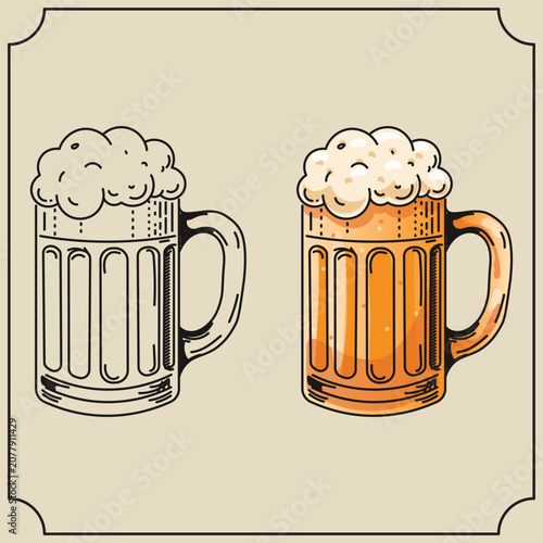 Hand Drawn Glass Beer Mug Pack Black Outline and Colored Foaming Bavarian Pint Icons