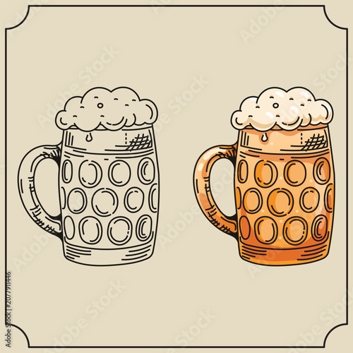 Hand Drawn Dimpled Beer Mug Pack Black Outline and Colored Foaming German Ale Stein Icons