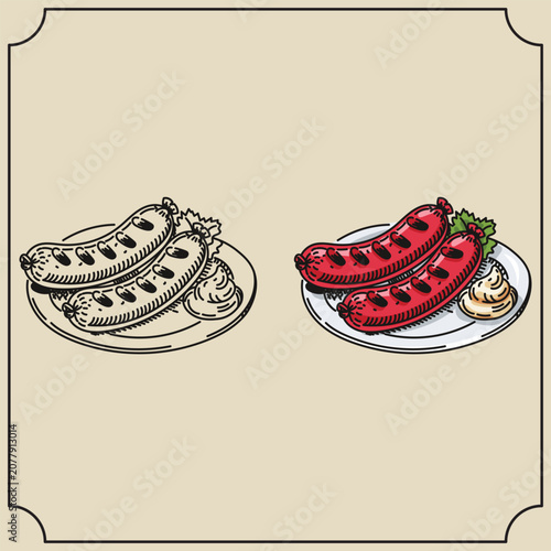 Hand Drawn Grilled Sausages on Plate Pack Black Outline and Colored Bratwurst Icons
