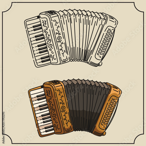 Hand Drawn Musical Accordion Pack Black Outline and Colored Folk Instrument Icons
