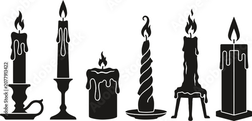 Set of thirty-one black candle silhouettes with melting wax and glowing flames for spiritual religious Black silhouette candles and cauldron collection for halloween design