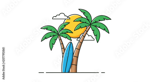 Tropical beach scene with palm trees surfboard and sun illustration