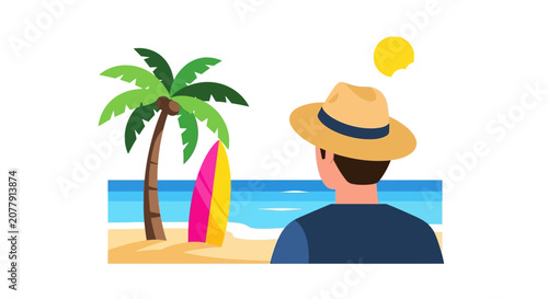 Man looking at tropical beach with palm tree and surfboard