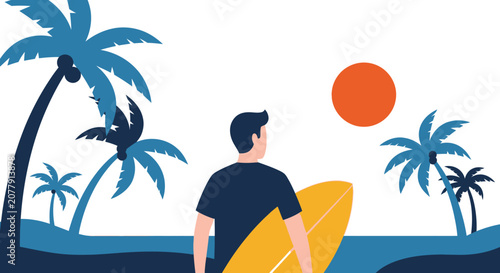 Man holding surfboard on a tropical beach at sunset illustration