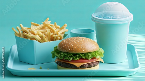 Fast food meal with french fries, cheeseburger, lettuce, tomato, and drink in a blue basket on turquoise background