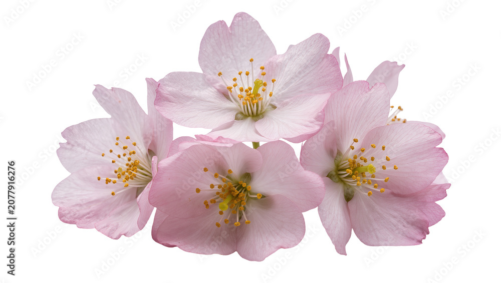 Fototapeta premium Delicate pink cherry blossoms with yellow stamens, isolated on transparent background
