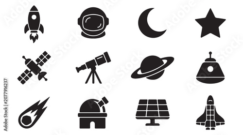 Obraz na plátně Space icons, astronomy symbols, rocket ship graphics, celestial bodies