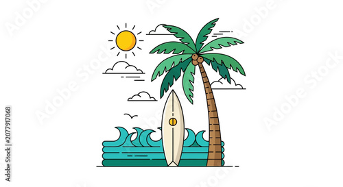 Minimalist tropical beach illustration with surfboard and palm tree
