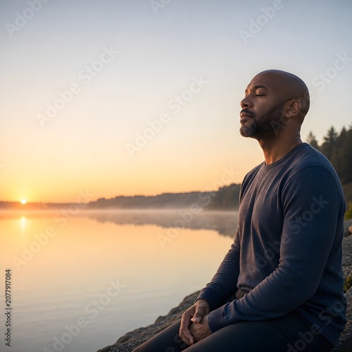 Bald Black man meditating peacefully by a misty lake at sunrise, embracing tranquility