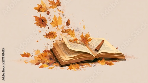 Open book with brown covers and visible text, surrounded by autumn leaves and acorns brown book cover