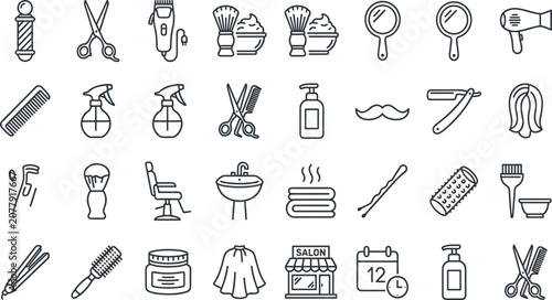 Bild auf Leinwand Barber Shop and Hair Salon Equipment Line Icon Set with Scissors Trimmer Shaving