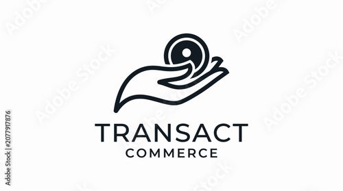 Cuadro en lienzo Transact commerce financial logo design, hand holding digital currency coin vect