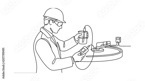 Continuous line drawing of a male environmental engineer analyzing water quality.