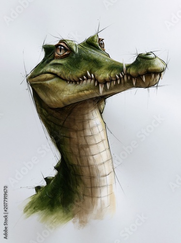 Stylized green caiman illustration with sketch lines