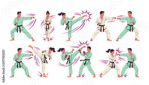 Konstfotografi Martial arts fighters practicing karate poses vector illustration