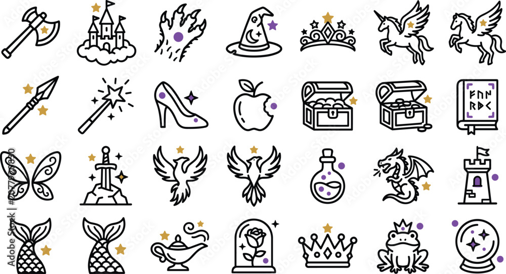Obraz premium Fairytale and Fantasy Line Icon Set Featuring Magical Castle, Pegasus, Dragon, Mermaid, Wizard Hat, and Storybook Kingdom Symbols