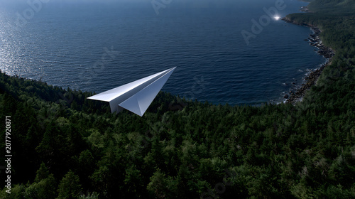 Paper Airplane Flying Over Forest and Ocean Coast