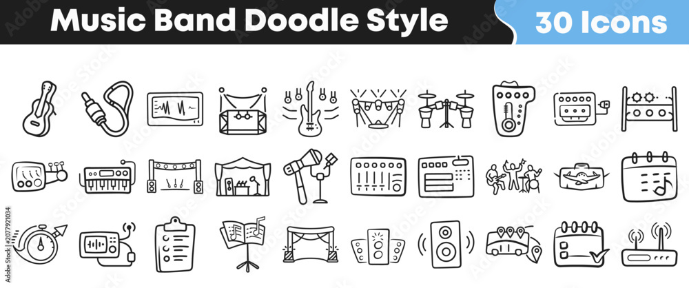 Obraz premium Hand drawn doodle style icons for music band and performance