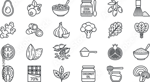 Photos Healthy Superfood and Organic Nutrition Line Icon Set with Chia Seeds Avocado Bl