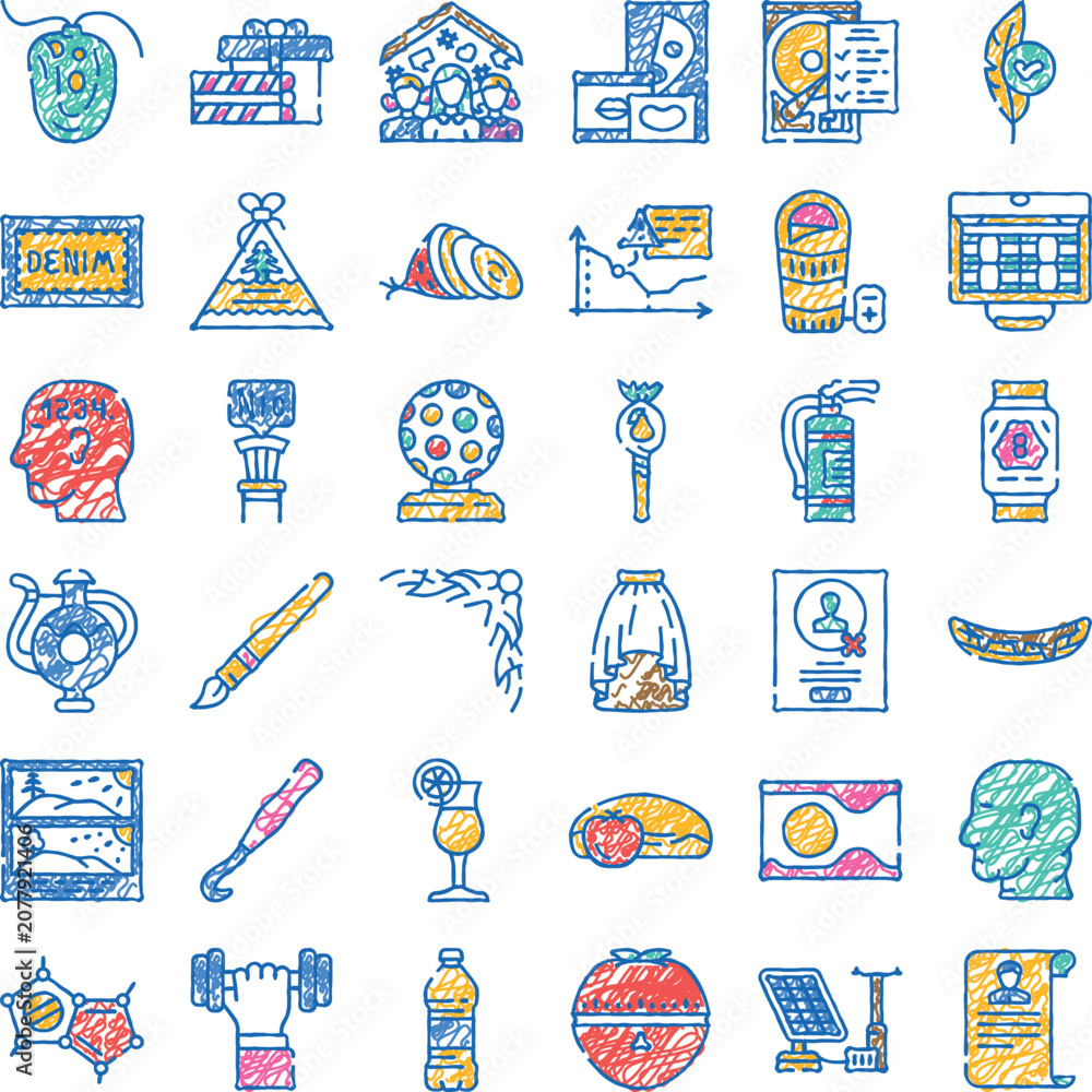 Fototapeta premium Hand drawn doodle icon set, playful sketch illustrations of diverse objects, concepts and symbols for web, app and branding projects simple, modern, versatile pack