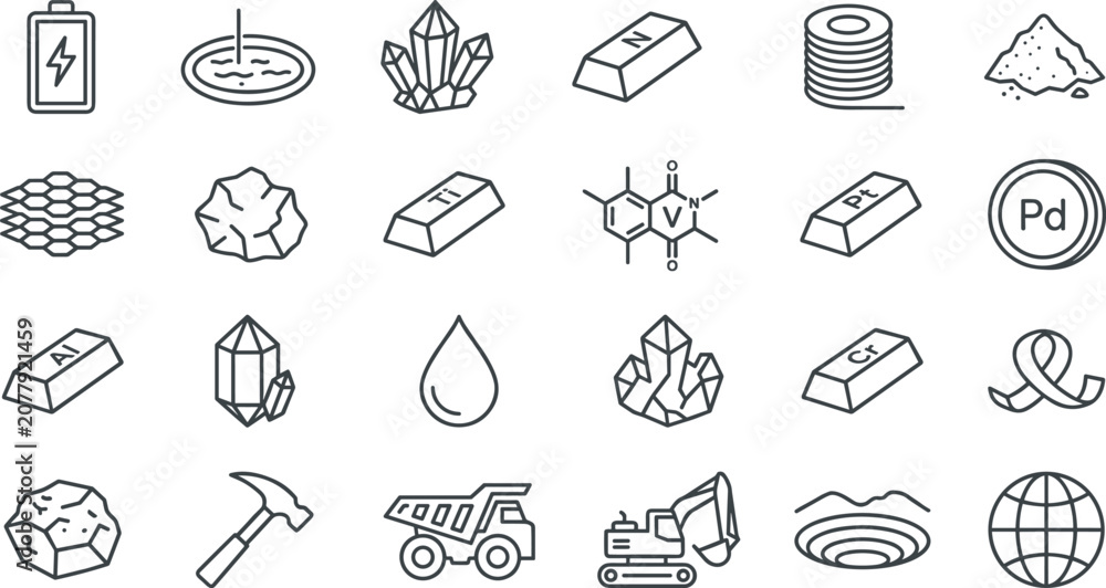 Fototapeta premium Industrial Mining and Critical Minerals Line Icon Set with Metal Ingots Battery Elements Geology Crystals Heavy Machinery Open Pit and Metallurgy Vector Symbols