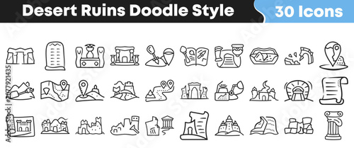 Photos Collection of hand drawn desert ruins icons in doodle style