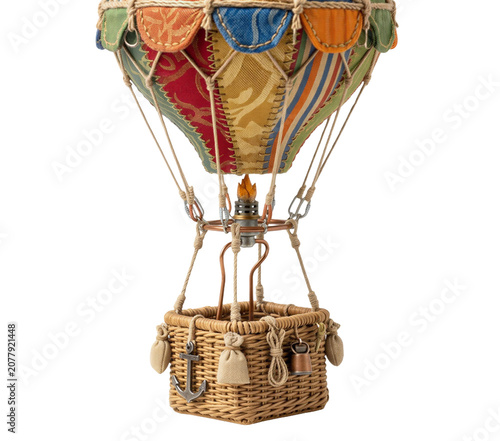 Colorful Hot Air Balloon Basket Isolated on Transparent Background with Wicker Texture