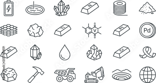 Fotografía Industrial Mining and Critical Minerals Line Icon Set with Metal Ingots Battery