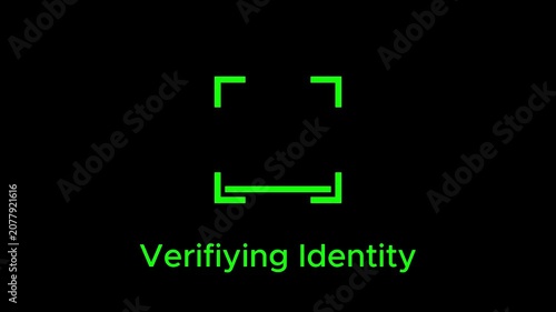 Minimalist digital identity verification interface animation featuring a glowing green checkmark icon inside a square frame on transparent background
