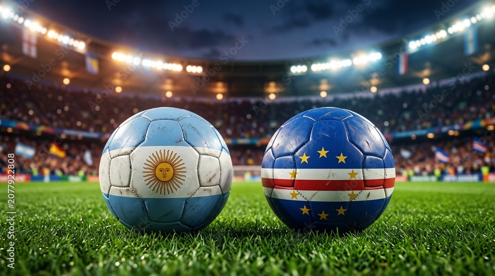 Obraz premium Argentina vs Cape Verde Soccer Match Concept – Two Footballs with National Flags on Green Grass Pitch in a Blurred Stadium at Night