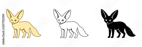 Fotografie Three stylized fennec foxes in different artistic representations on a white bac