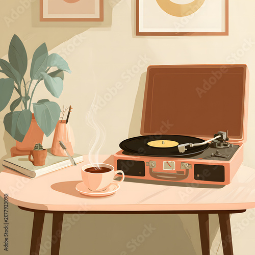 Retro Record Player and Coffee Cup in Cozy Room